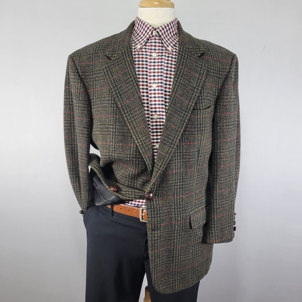 Robert Stock Men's Sport‎ Coat Blazer Two Button Brown Plaid Wool Size 44R